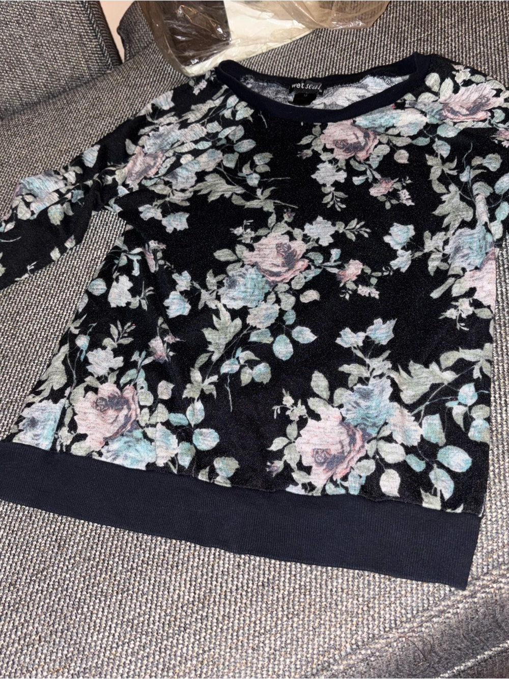 WetSeal Floral Knit Sweater - Black with Pastel Floral Print Size Medium